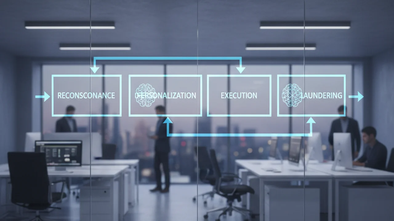 Diagram showing how an autonomous AI agent loops through reconnaissance, personalization, execution, and laundering stages