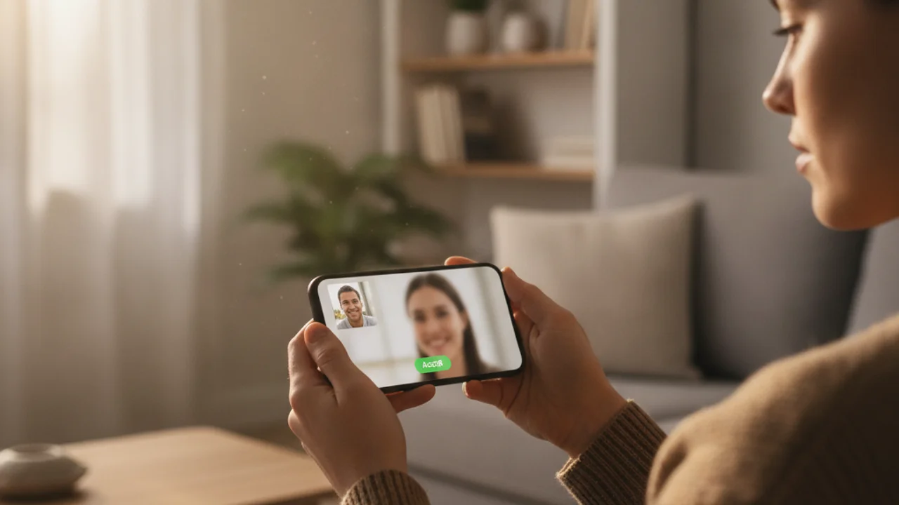 A person calmly holding a phone showing a video-call screen, thoughtfully deciding to verify an online partner before acting
