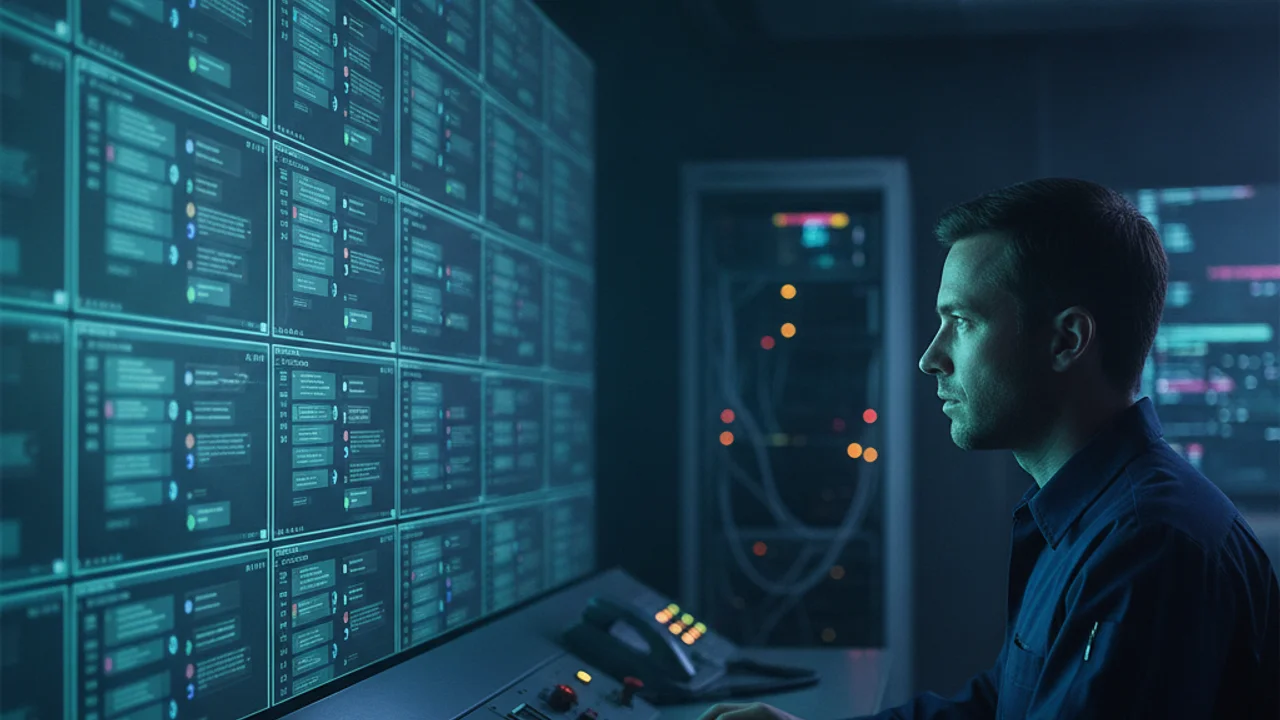 A single operator viewing a dashboard of many simultaneous chat conversations on multiple screens in a dim room