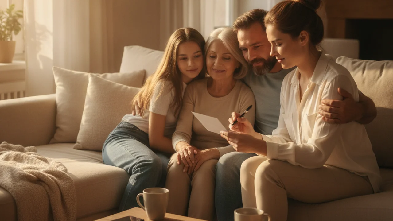 A family sitting together agreeing a spoken code word with a phone face down on the table