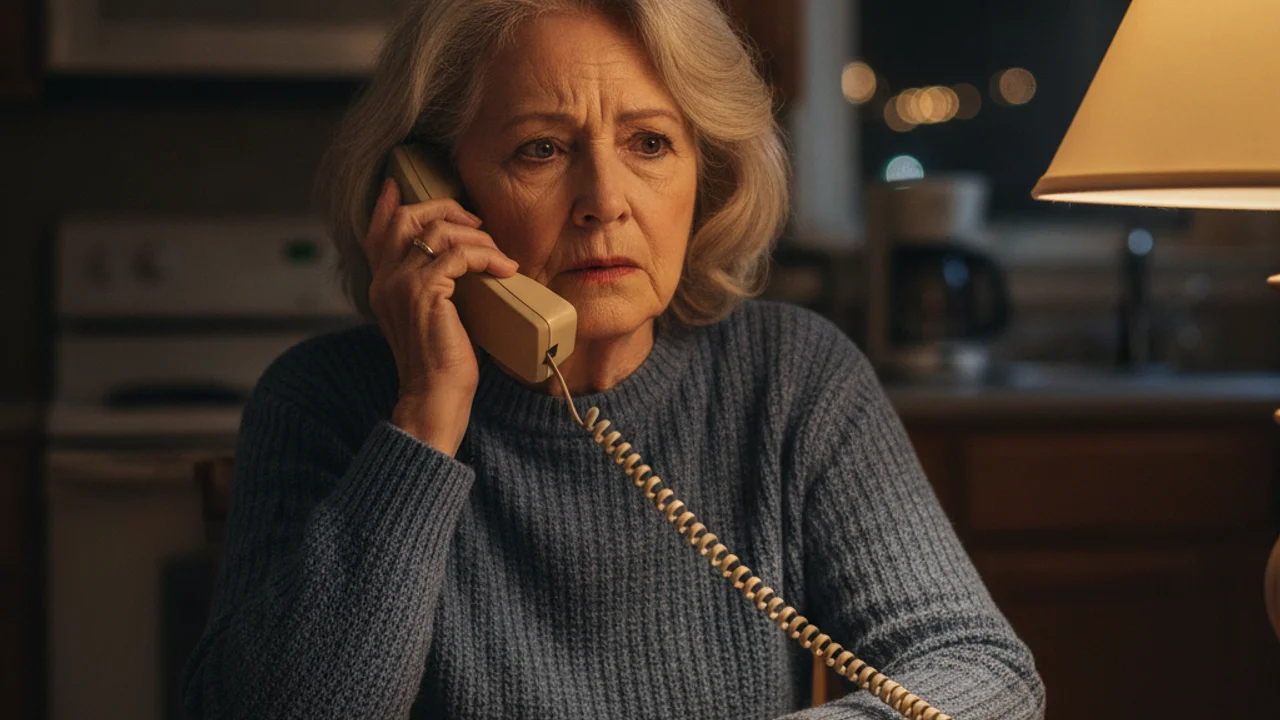 A grandparent at a kitchen table taking an urgent late night phone call while holding a notepad