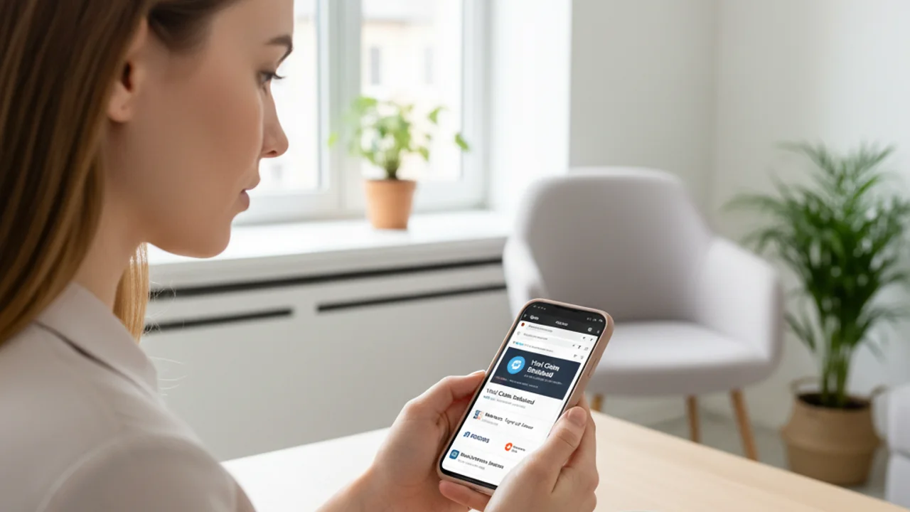 Persona che verifica i fatti di un articolo di notizie sospetto sul proprio telefono utilizzando più schede di verifica e una fonte di notizie fidata