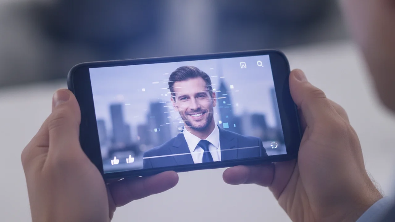 Osoba v Austrálii se pozorně dívá na chytrý telefon zobrazující podezřelou investiční reklamu s povědomě vypadající tváří celebrity