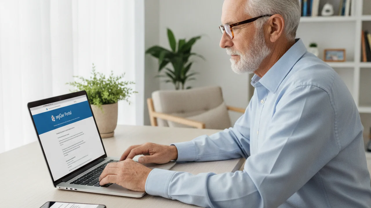 An older Australian man calmly checking his myGov account on a laptop instead of clicking a link in a text message