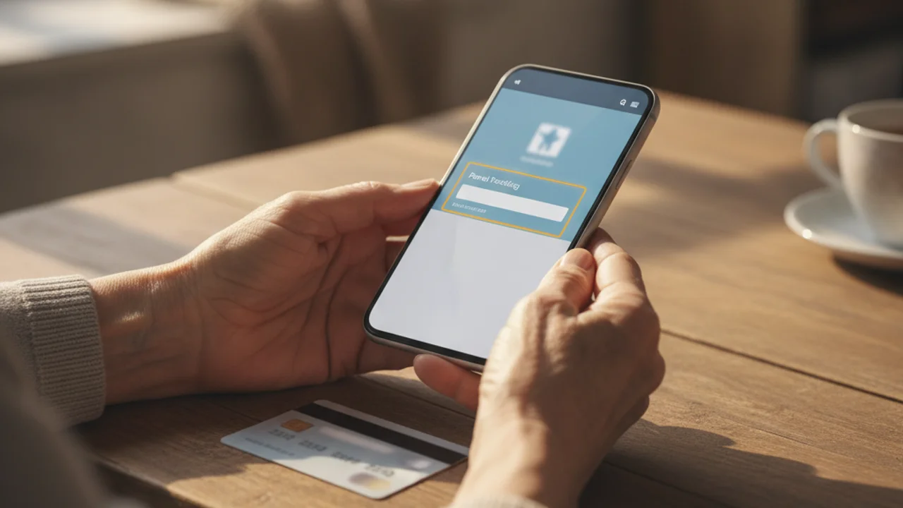 An older Australian woman looking at her phone showing a fake parcel delivery text message, standing near her front door