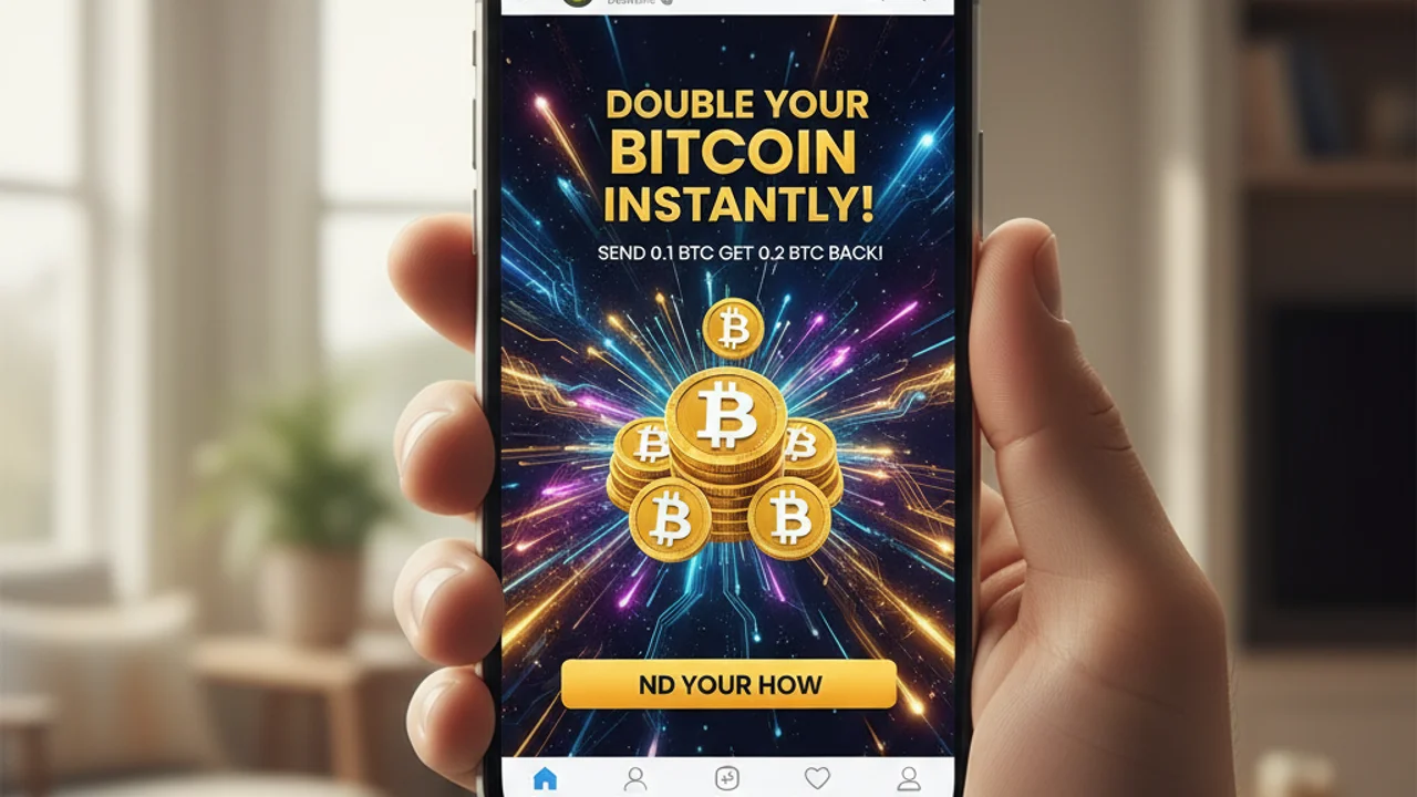 Halaman hadiah Bitcoin palsu yang berjanji menggandakan kripto dengan pemasa undur dan imej selebriti
