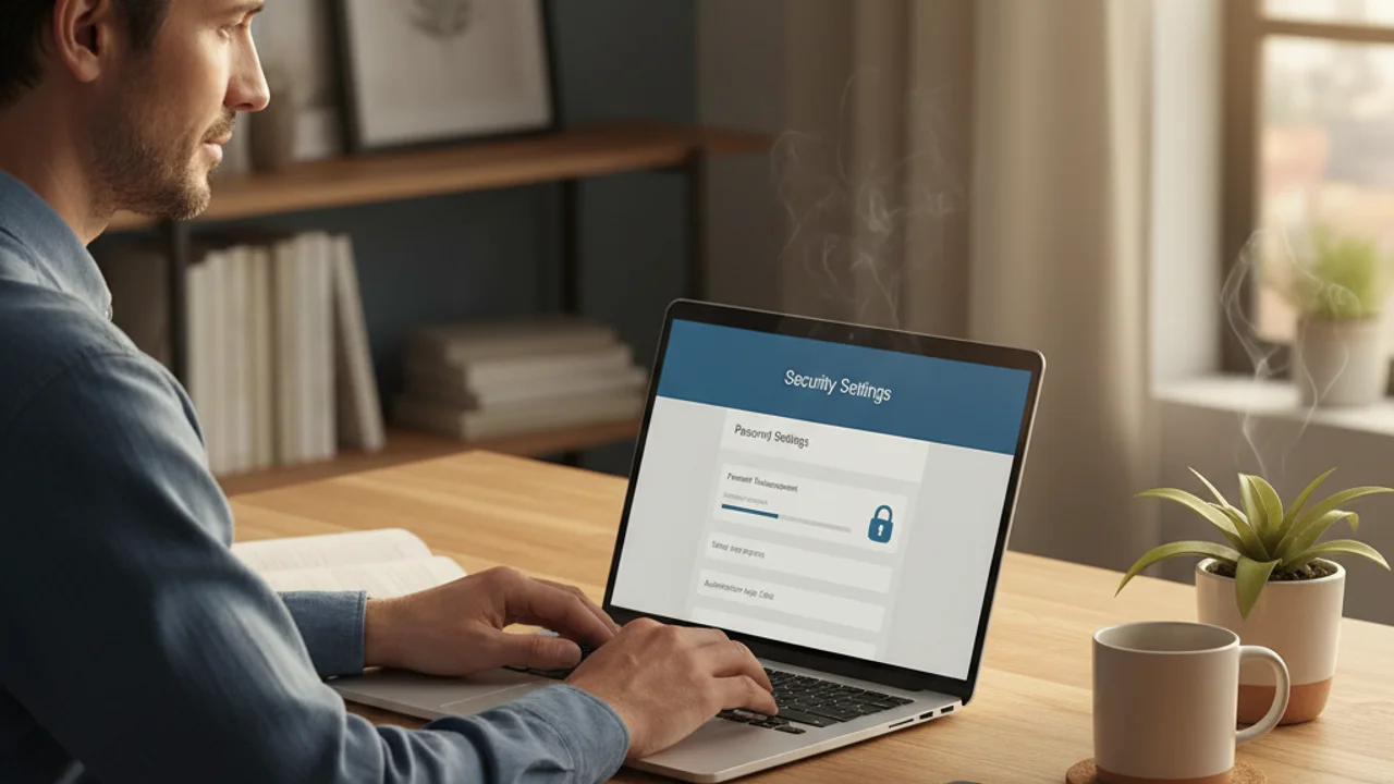 Person calmly using a laptop to change account passwords and enable an authenticator app after a suspected phone compromise