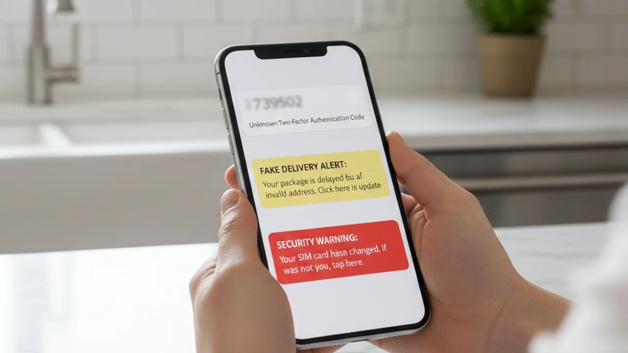 Hands holding a smartphone with multiple suspicious notifications including unknown two-factor codes, a fake delivery text, and a warning about a SIM card change