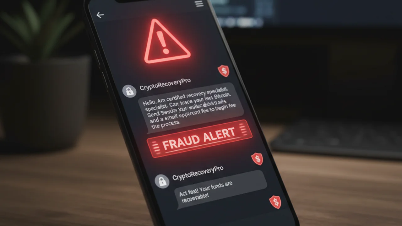 Person at a computer looking at a fraudulent crypto recovery website with fake testimonials and credentials