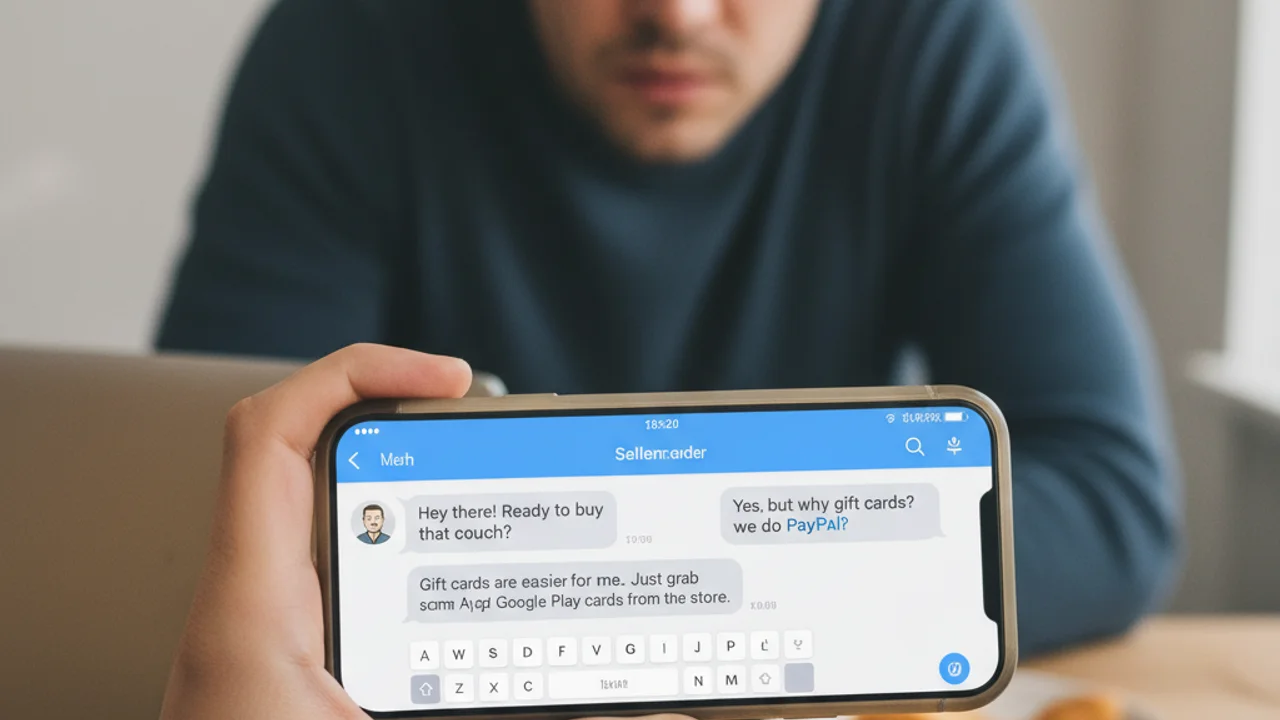 Příklad podezřelé konverzace na Facebook Marketplace ukazující klasické taktiky přeplatkového podvodu