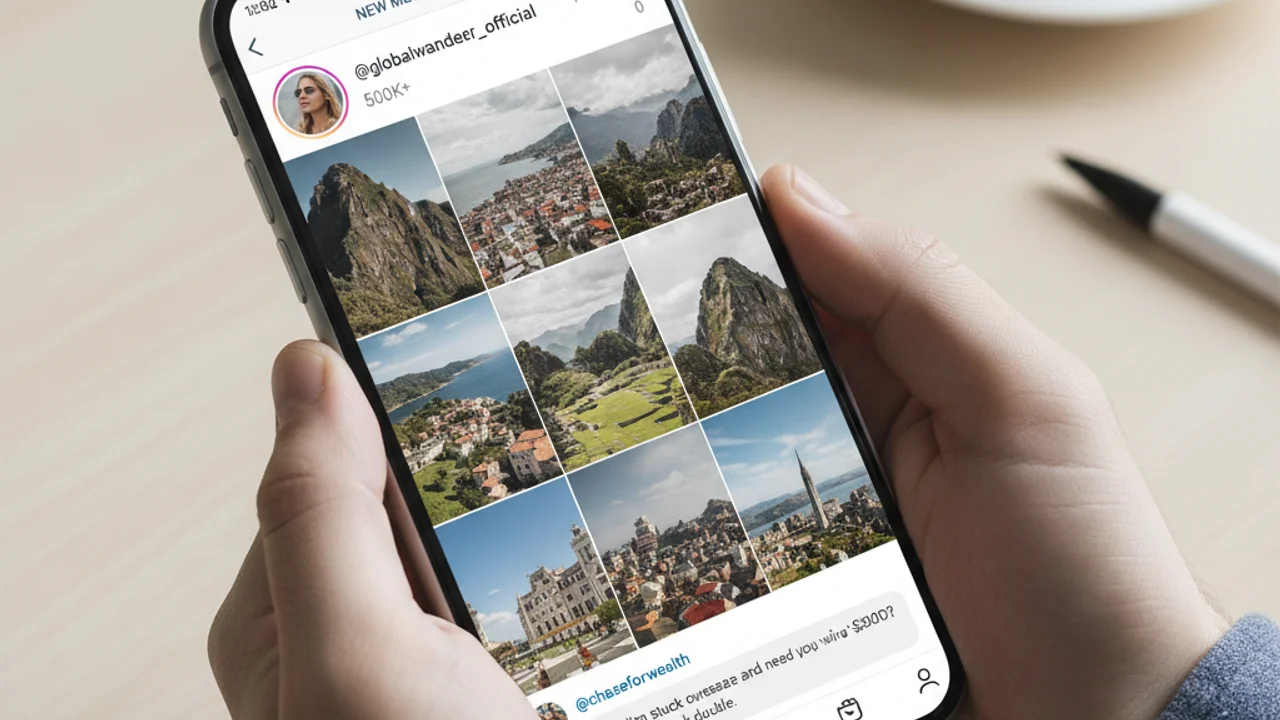 Profil Instagram yang menunjukkan tanda-tanda jelas akaun penipuan dengan foto yang dicuri dan pautan bio yang mencurigakan