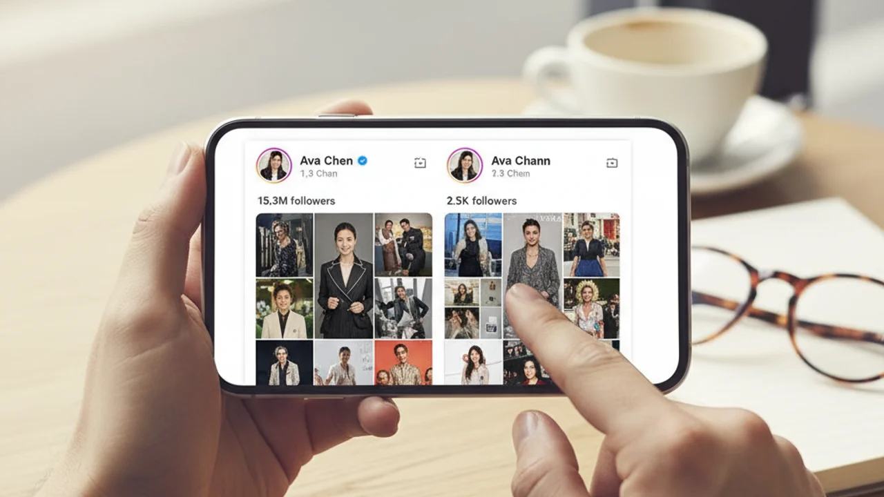 Perbandingan sebelah-menyebelah antara profil Instagram sebenar dan profil penipuan yang menyerlahkan perbezaan utama
