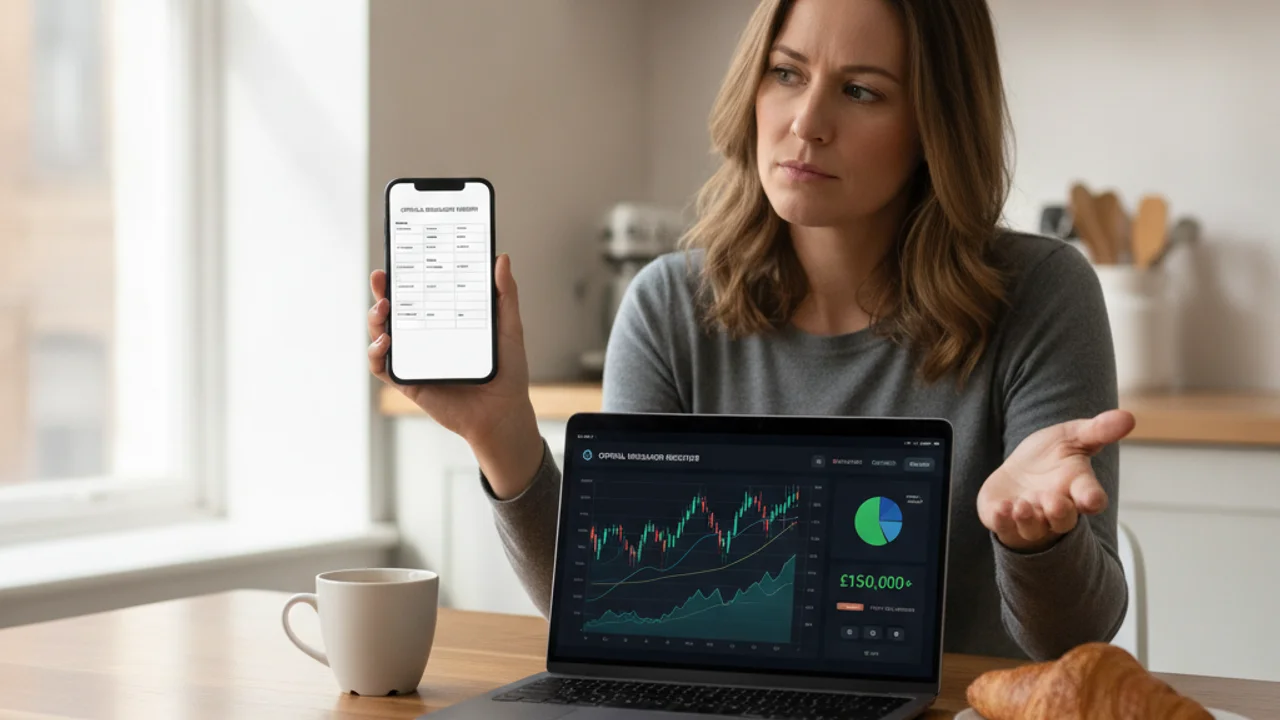 A person comparing a fake trading platform dashboard on a laptop against a regulator register on a phone