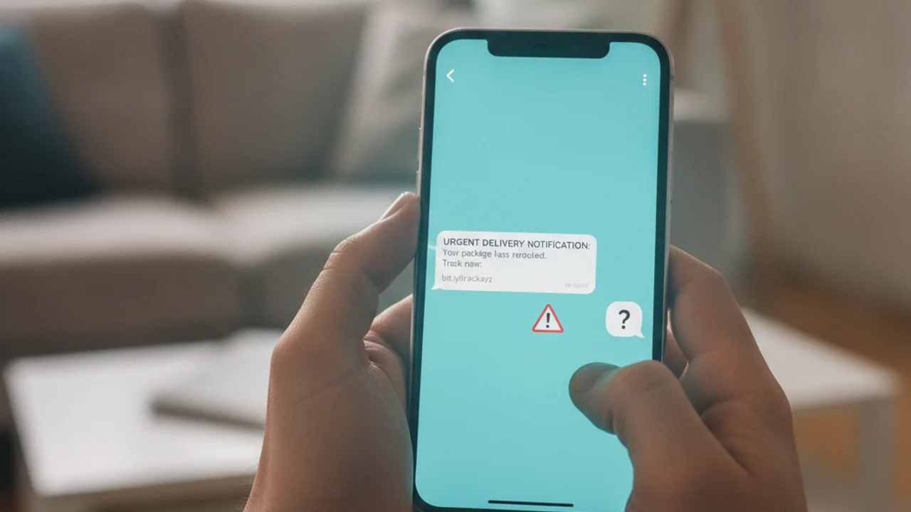 Grande plano de um smartphone a mostrar uma mensagem de texto suspeita com uma ligação de entrega falsa e um aviso urgente