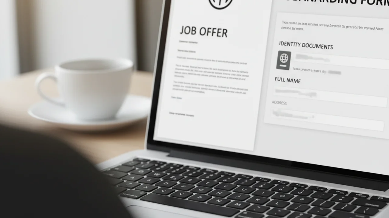 A job seeker at a laptop reviewing a fraudulent recruiter message and offer letter requesting personal documents