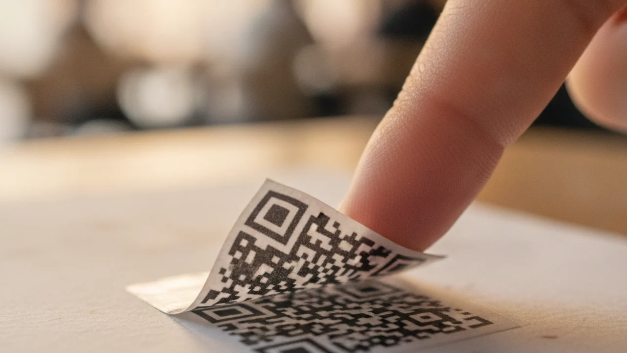 ከመኪና ማቆሚያ ቆጣሪ ላይ የሚላጥ ሐሰተኛ QR ኮድ ተለጣፊ ቅርበት፣ ስማርትፎን ሊቃኘው ሲል
