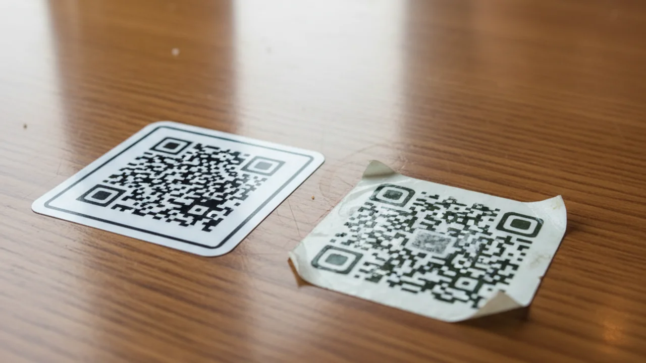 Diagram yang menunjukkan bagaimana penipu mengganti stiker kode QR yang sah dengan yang penipuan pada meteran parkir