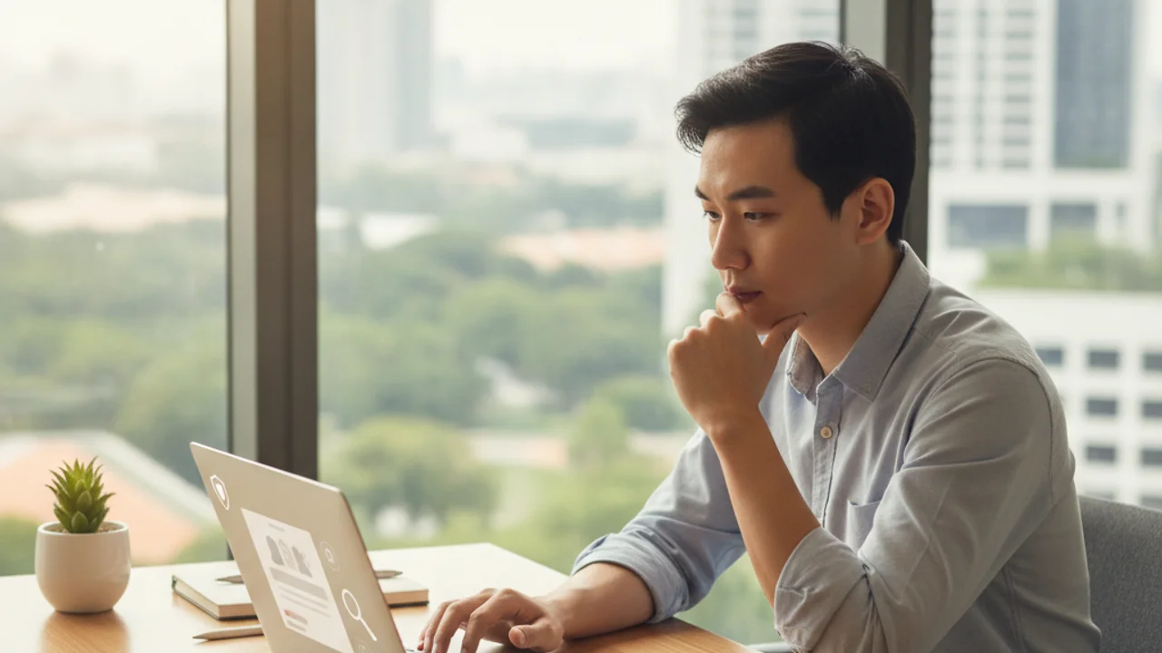 A Singapore resident calmly pausing to verify an offer on a laptop before transferring money, with ScamShield reporting resources on screen