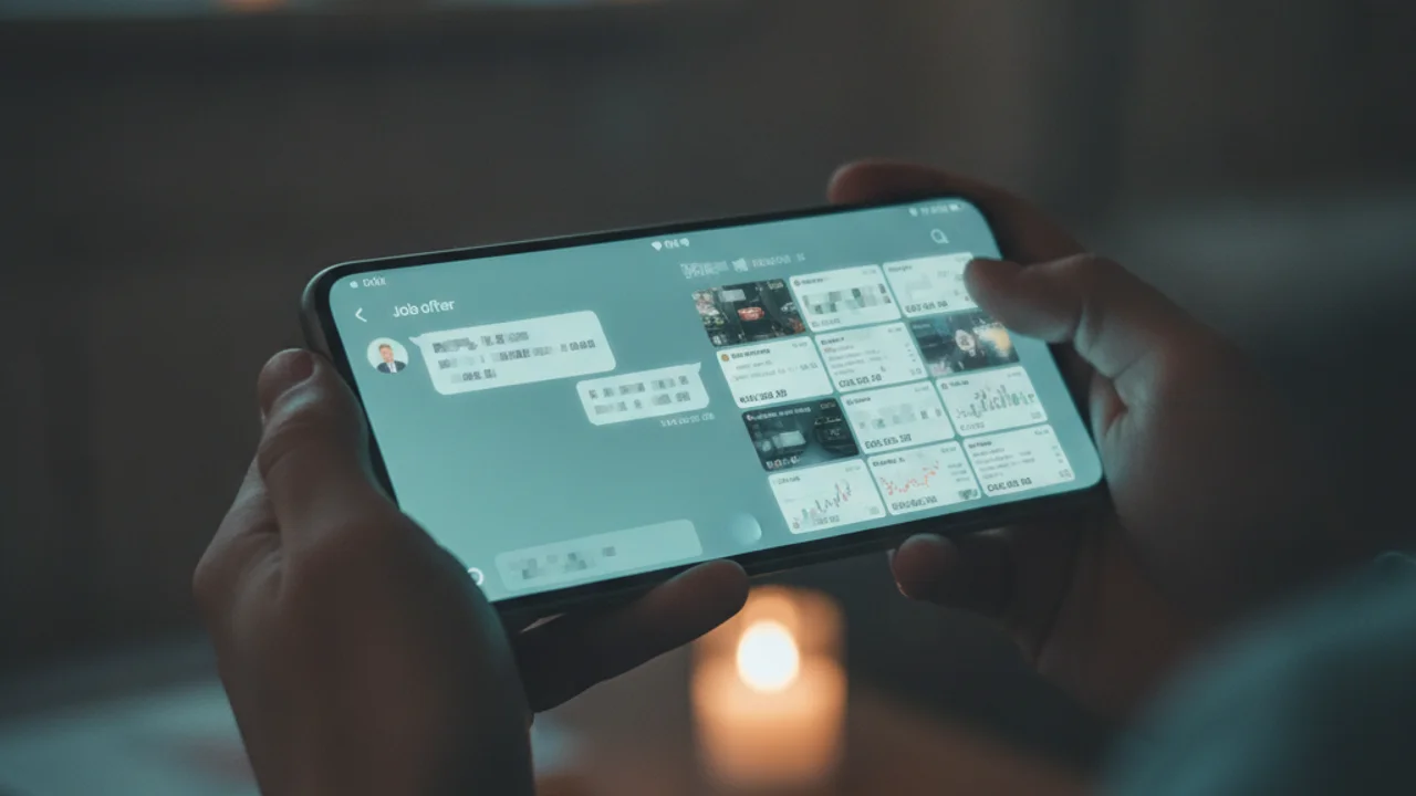 A young person in Singapore looking at a smartphone showing a WhatsApp job offer message that redirects to a Telegram task group