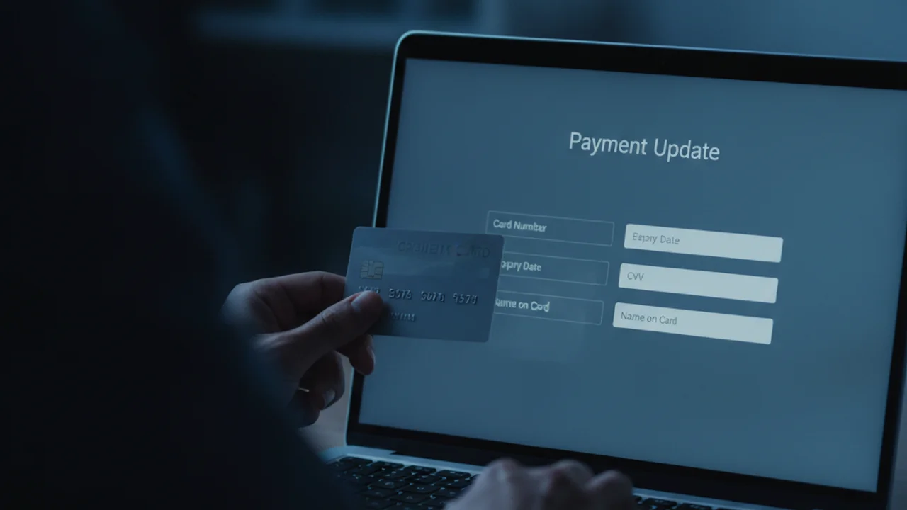 A laptop screen showing a fake subscription billing update page requesting full card details