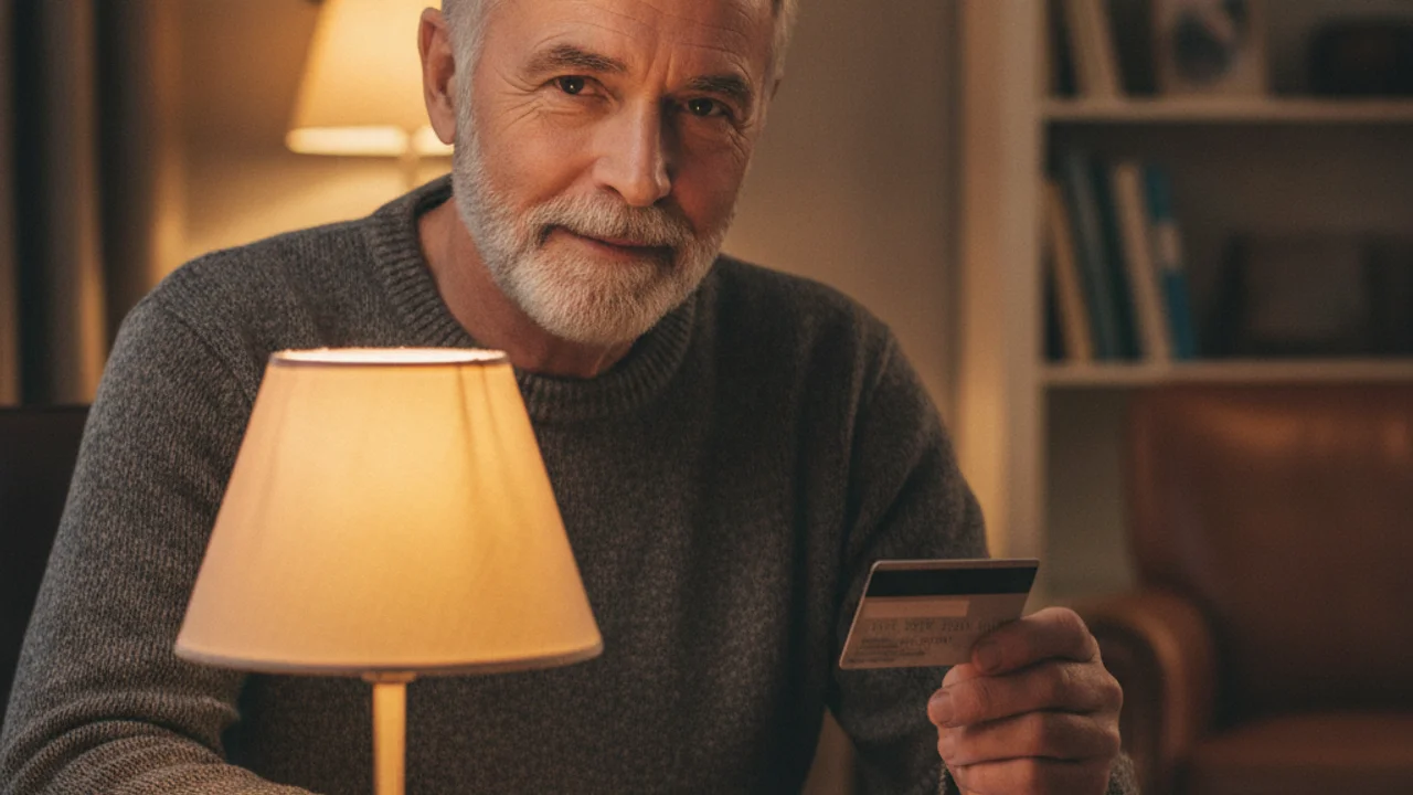 Ein älterer britischer Mann überprüft ruhig einen Telefonanruf, indem er vor dem Antworten eine Nummer auf der Rückseite seiner Bankkarte nachschlägt