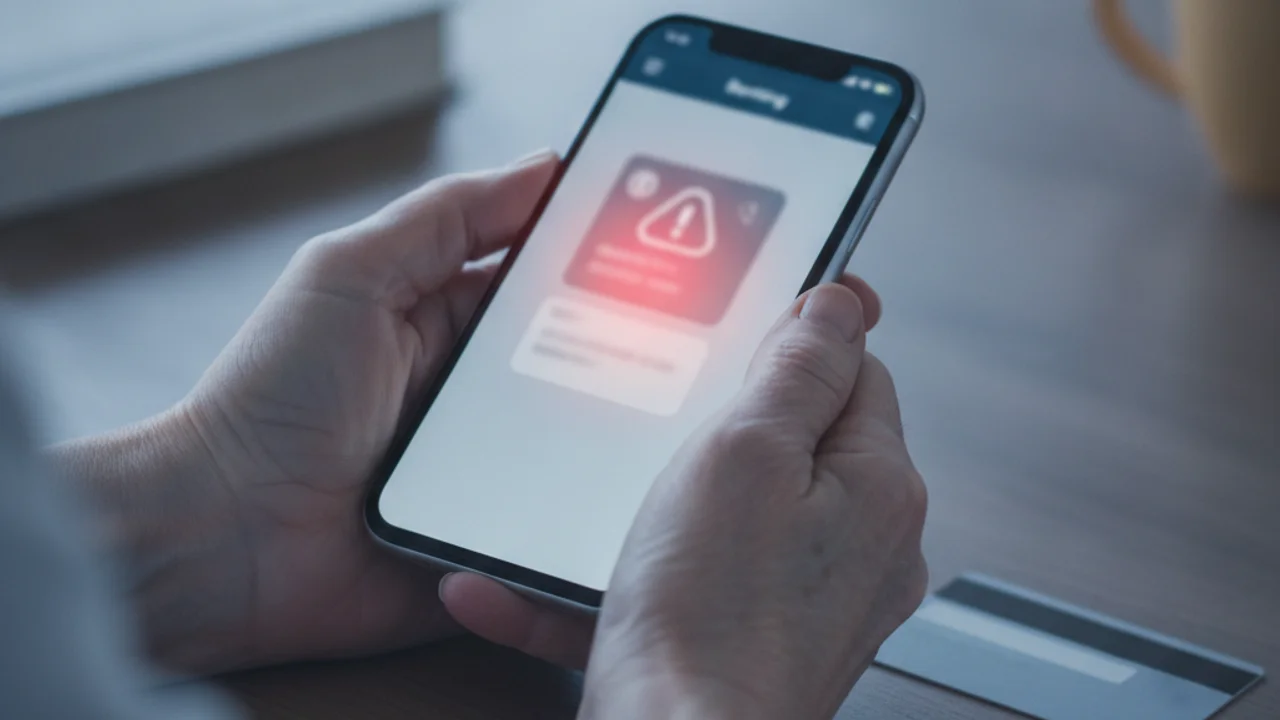 Eine ältere britische Frau schaut besorgt auf ihr Telefondisplay, das eine SMS zeigt, die scheinbar von ihrer Bank stammt, während sie in ihrem Wohnzimmer sitzt