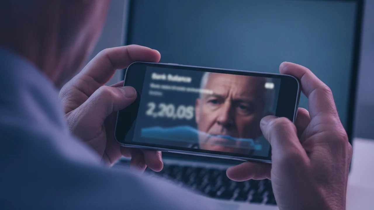 Starší americký muž s ustaraným výrazem drží telefon během podezřelého hovoru, poblíž je notebook zobrazující obrazovku bankovního účtu