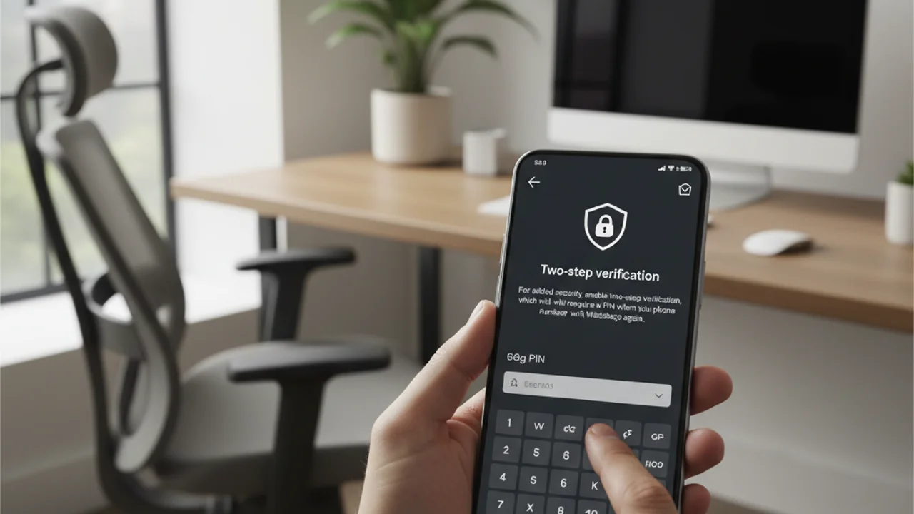 Person checking WhatsApp security settings on their phone, enabling two-step verification to protect against scams
