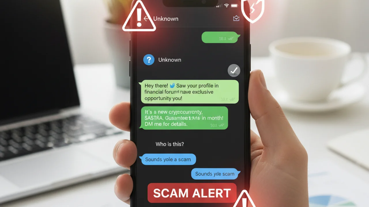 Smartphone showing a suspicious WhatsApp conversation with an unknown number claiming to be a family member in need