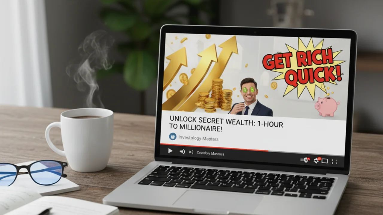 Halaman hasil carian YouTube menunjukkan thumbnail video mencurigakan dengan janji kewangan yang terlalu bagus untuk dipercayai