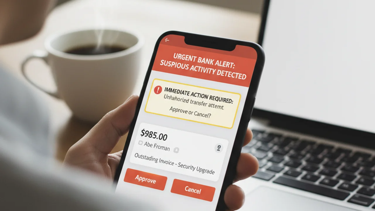 Personne regardant son téléphone d'un air inquiet, l'écran d'une app de paiement affichant une notification de virement suspect